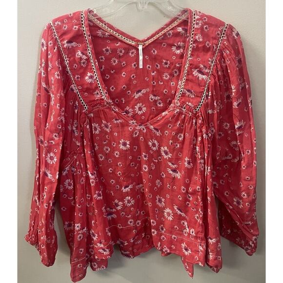 Free People Size Small Never A Dull Moment Peasant Top Floral Boho Red Oversized - Picture 1 of 6